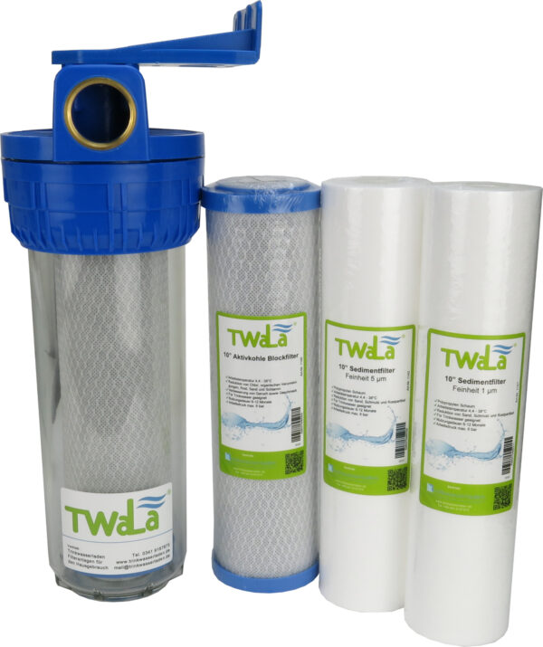 Gehäuse mit allen kompatiblen TWaLa Filtern TWaLa Wasserfilter Gehäuse Anschluß transparent blau für 10Zoll Filterpatronen